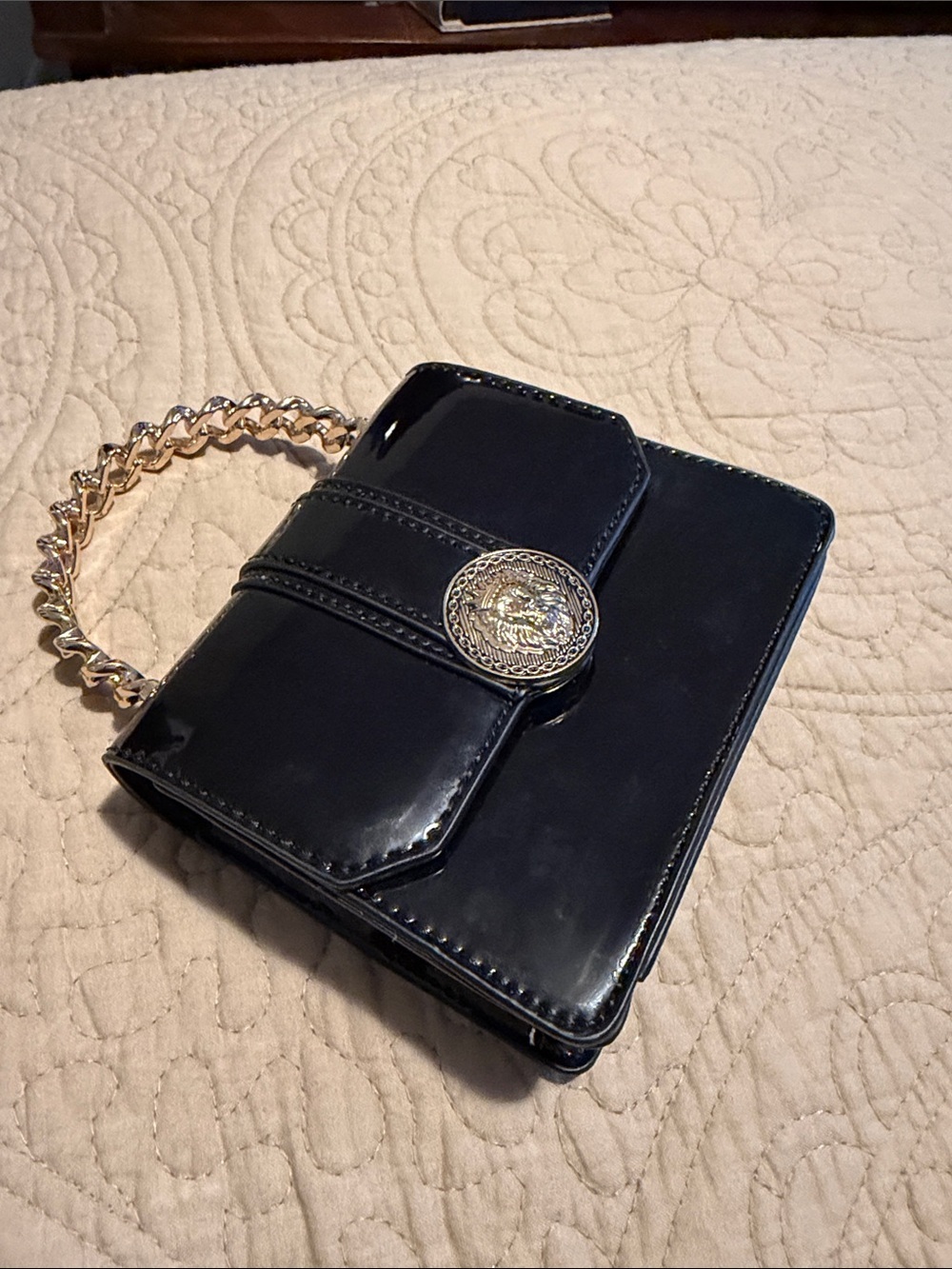 Aldo Lottum Black Patent Wristlet Clutch with Gold Chain